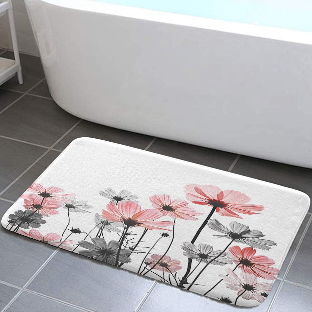 Pink Bath Rugs, Rustic Elegant Floral Pink and Gray Daisy Flower Bath Mats, Cute Wildflower Design Farmhouse Plant Grey Bathroom Rug Accessories Shower Mat Floor Mat