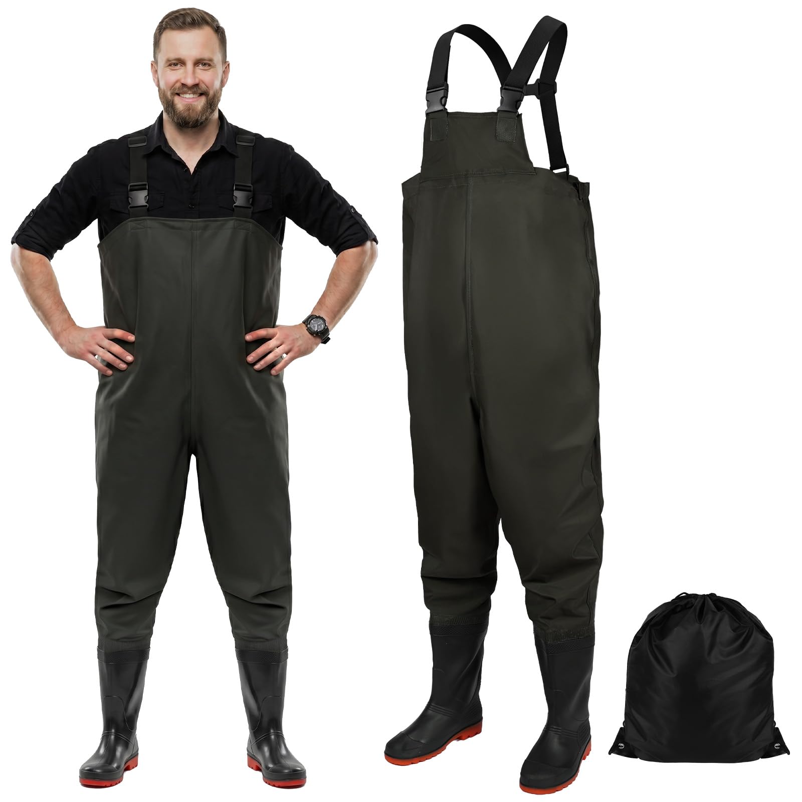 AUYAO Chest Waders with Boots Unisex Fishing Waders Waterproof Bootfoot Thigh Wader with Adjustable Suspenders Chest Pants Overalls With Boots Set for Carp Coarse Pond(Elastic Waistband Style)