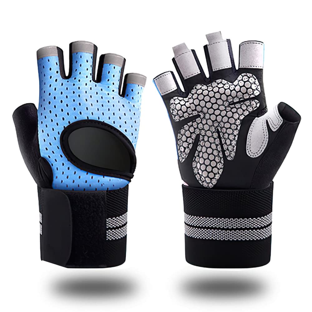 1 par de guantes de entrenamiento sin dedos para hombres y mujeres, guantes de levantamiento de pesas con muñequeras, soporte para entrenamiento en gimnasio, protección completa de la palma, azu