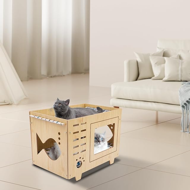 Foto 5 de 8 de TFGXUE Casa de gato de madera de dos pisos con acolchado suave para los hábitos de los gatos