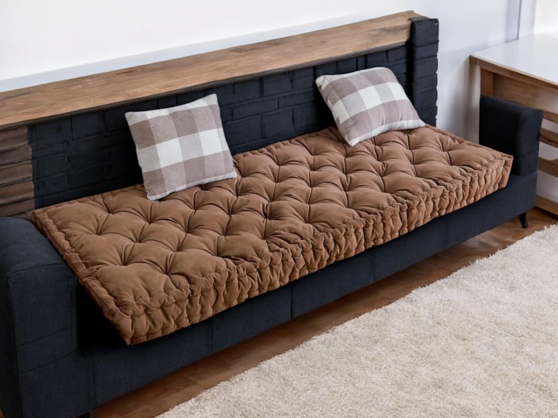 Tufted Cotton Floor Mattress, 183 x 76 cm, 10 cm Thick, Foldable, Rollable Light Weight Cotton Mattress Chocolate Brown-image-9