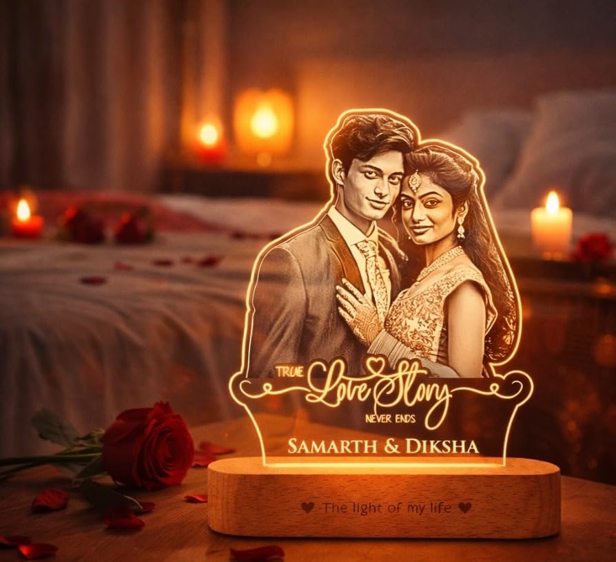 Image of ZOCI VOCI Personalized Acrylic LED Lamp | Romantic for Valentine's Day Gift, Personalized Gifts for Couples (Warm Light, B&W - Engraving)