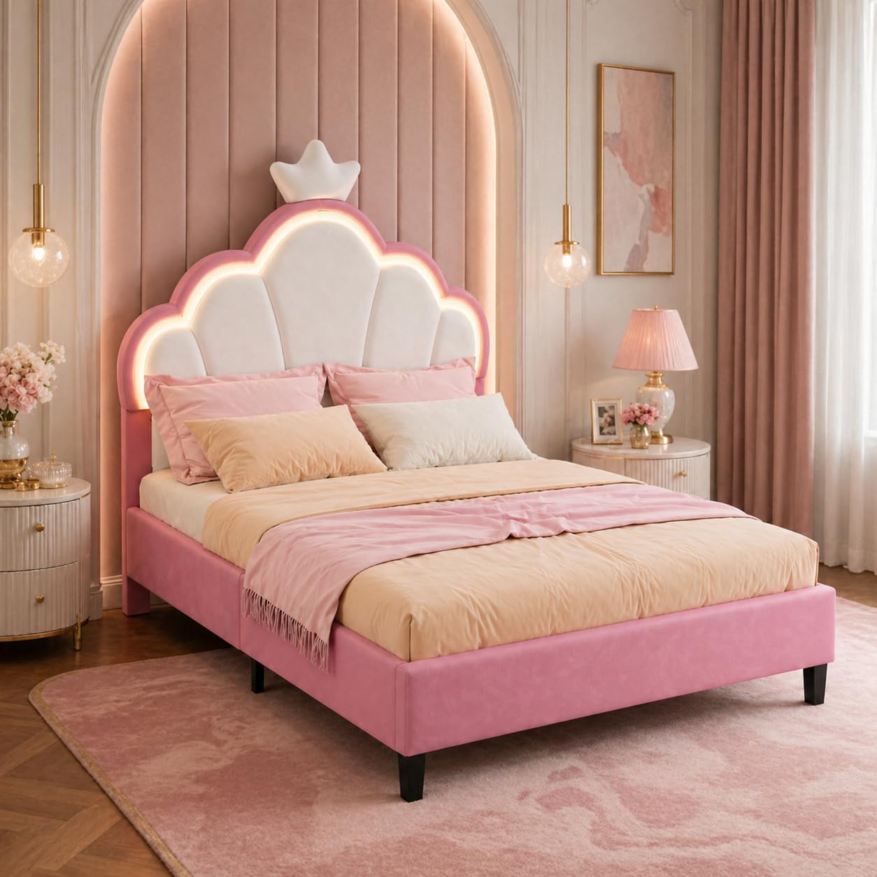 Kinderbett Polsterbett 90x200 cm, LED Einzelbett für Mädchen mit Kronen-Design und verstellbarem Kopfteil, gemütliches Samtbett für fantasievolle Kinderzimmer (90x200cm)