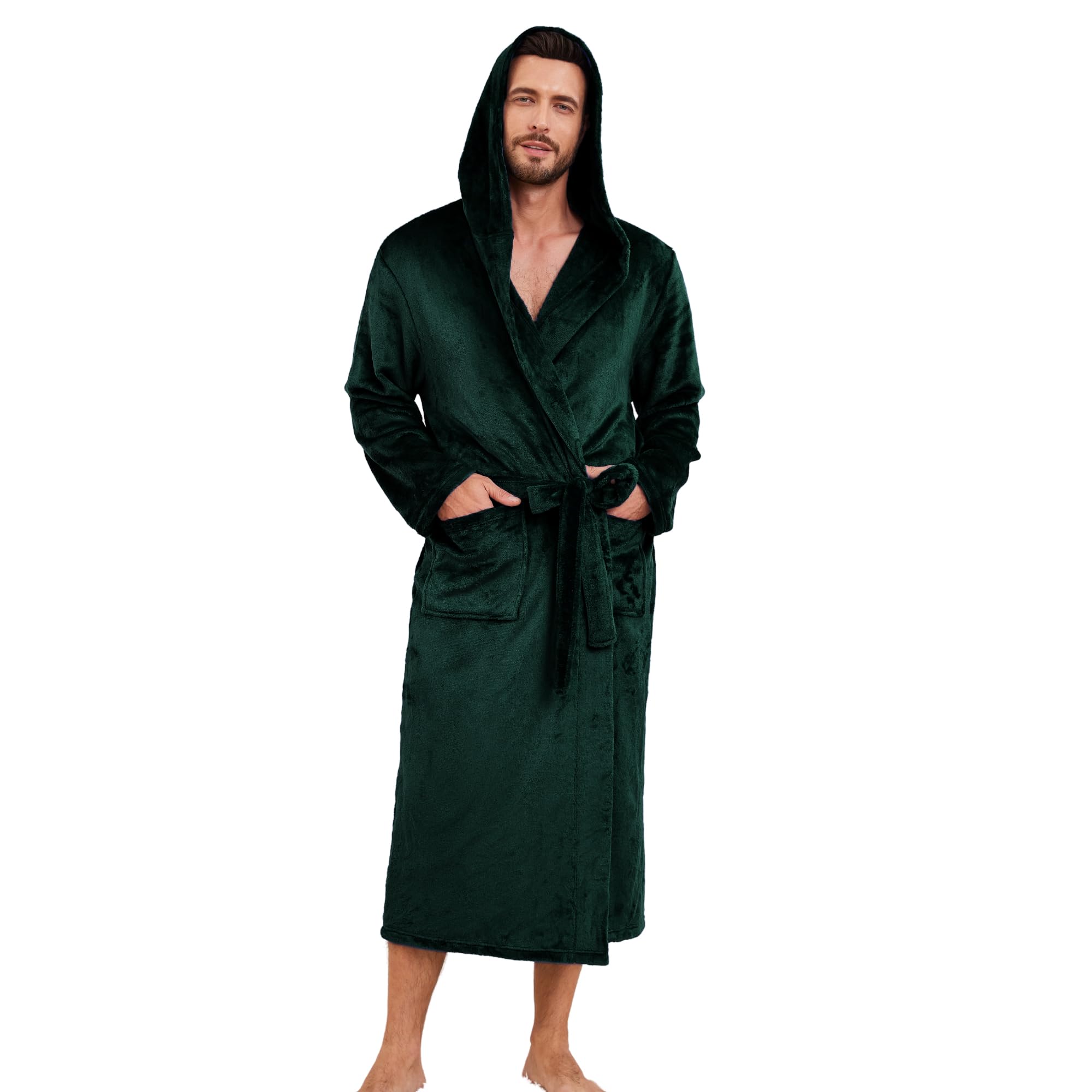 Men's Hooded Robe, Soft Warm Fleece Long Bathrobe with Pockets