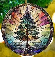 2025 Stained Glass Christmas Tree Ornaments - Round Acrylic Hanging Decorations, Fun Vibrant Gifts for Holidays