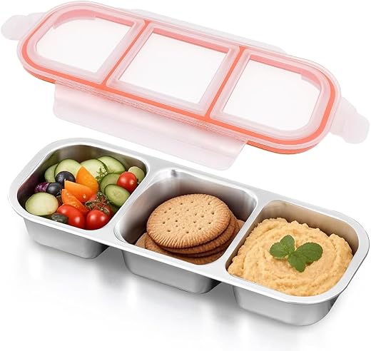 Supvox® Snacks Box for Kids, 600 ml Food Saver Container with Airtight Seal Lid, 3-Compartment Steel Kids Lunch Boxes, Ide...