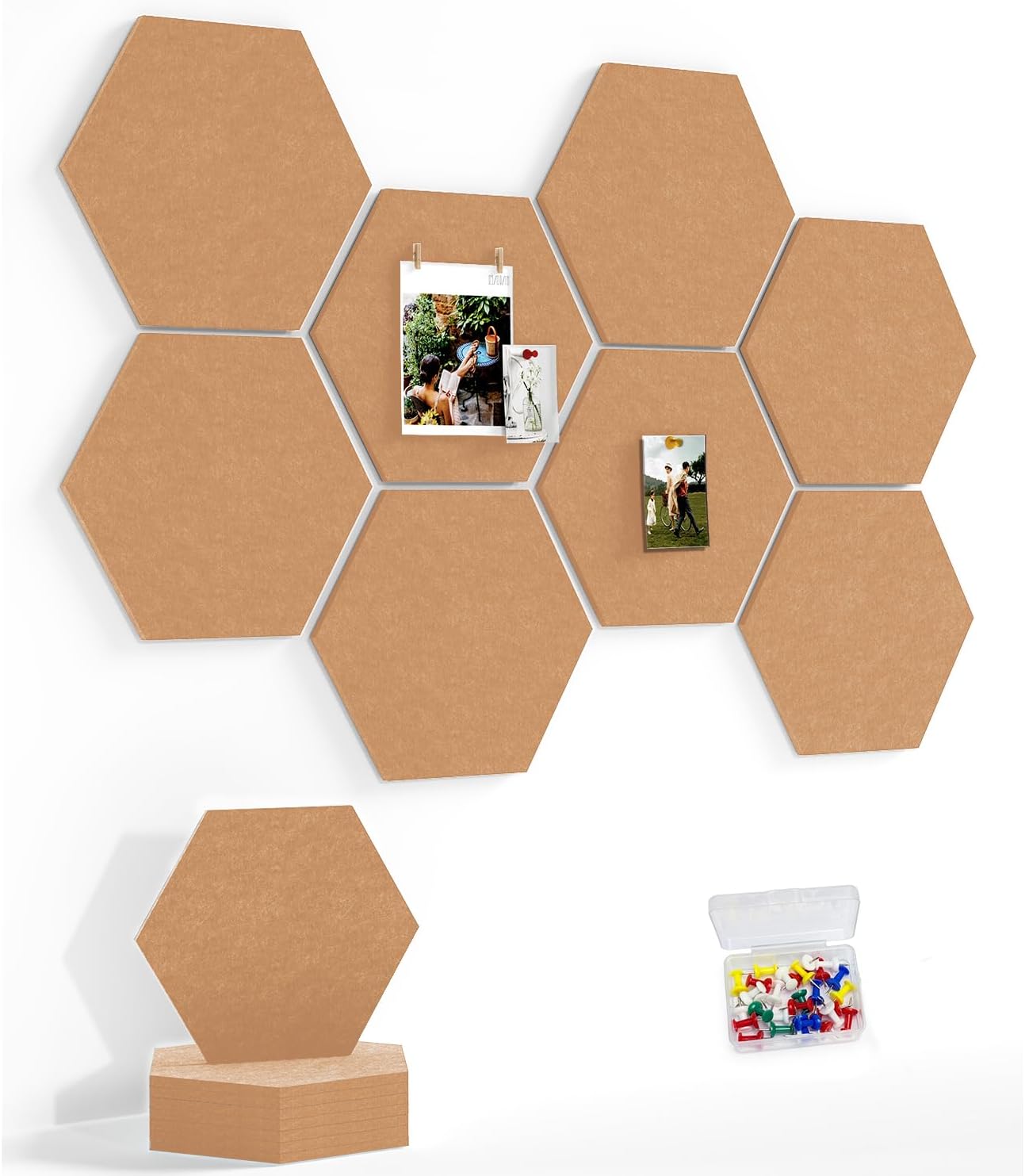 8 Pack Hexagon Felt Bulletin Board Tiles - 12" Large Thick Pin Board for Walls with 30 Push Pins, DIY Boards for Office Home School Decor, Aesthetic Hex Cork Board Alternative