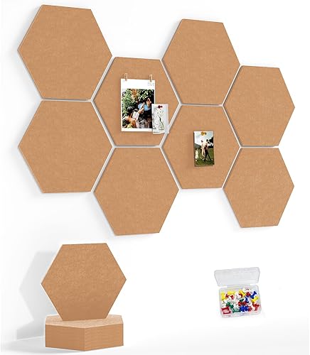 Miniatura 32 de Tablero de anuncios grande de 12 pulgadas con 30 pasadores, paquete de 8 tableros de anuncios de fieltro hexagonal para oficina en casa, azulejos