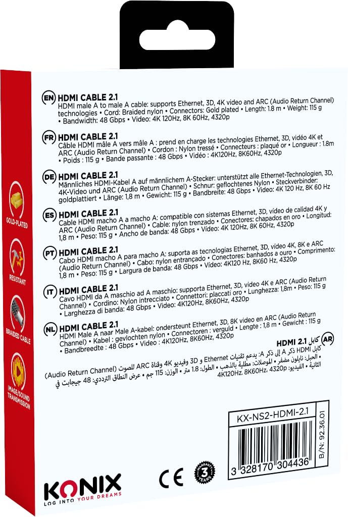 Konix Kabel HDMI-2.1 do Nintendo Switch 2-4K i 8K - kompatybilny z nylonem - długość 1,8 m - czarny
