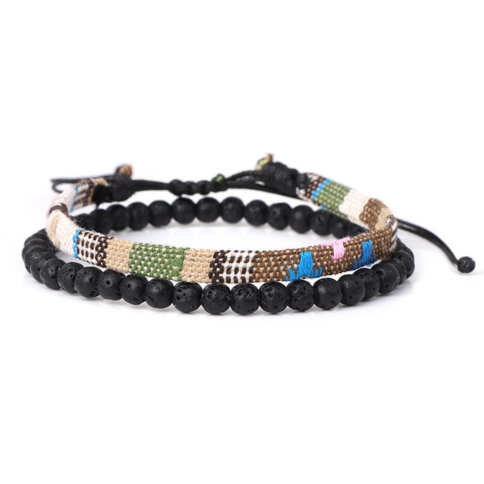 UOMNICUE 2 Pack Boho Surfer Bracelet for Men Women, Handmade Summer Beach Bracelets, 100% Waterproof Adjustable Volcanic Stone Beaded Braided Bracelets Jewelry Festival Accessories (Brown + Black)