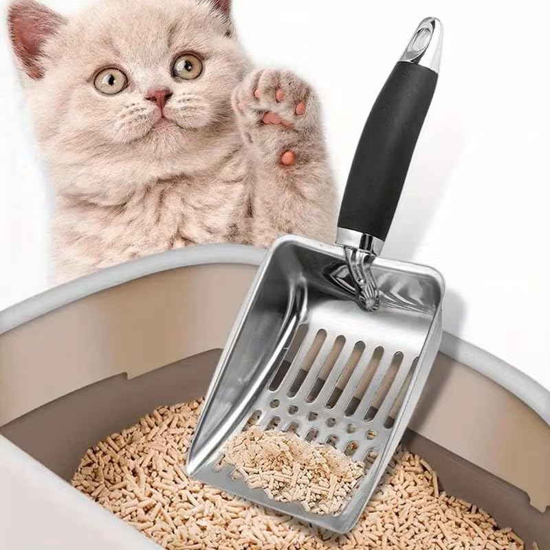 1 pala de arena para gatos de acero inoxidable con mango largo, diseño eficiente de fugas de arena, ideal para limpieza de arena de gatos, herramienta de eliminación de residuos de mascotas