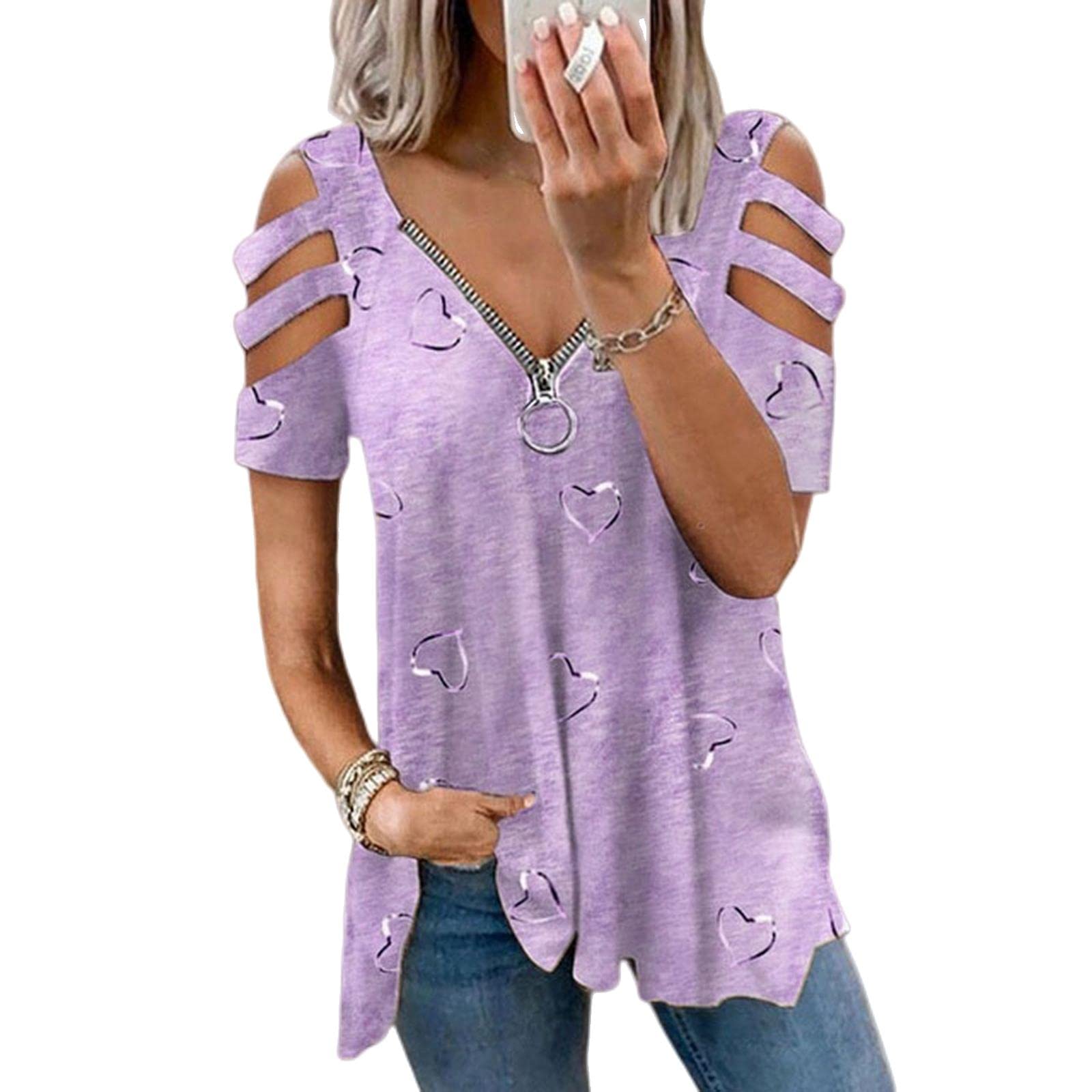 MOGSA T-shirt Estate Donna Oversize T-Shirt Cuore Stampa Spalla Aperta Manica Corta Top Femminile Plus Size Abbigliamento Donna