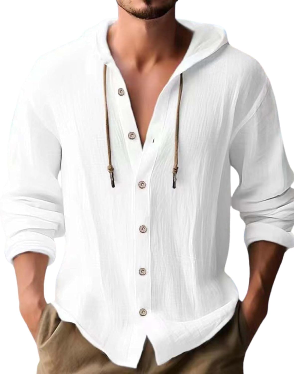 Cotton Linen Hoodie for Men Summer Casual Long Sleeve Button Down Hawaiian Beach Sh...