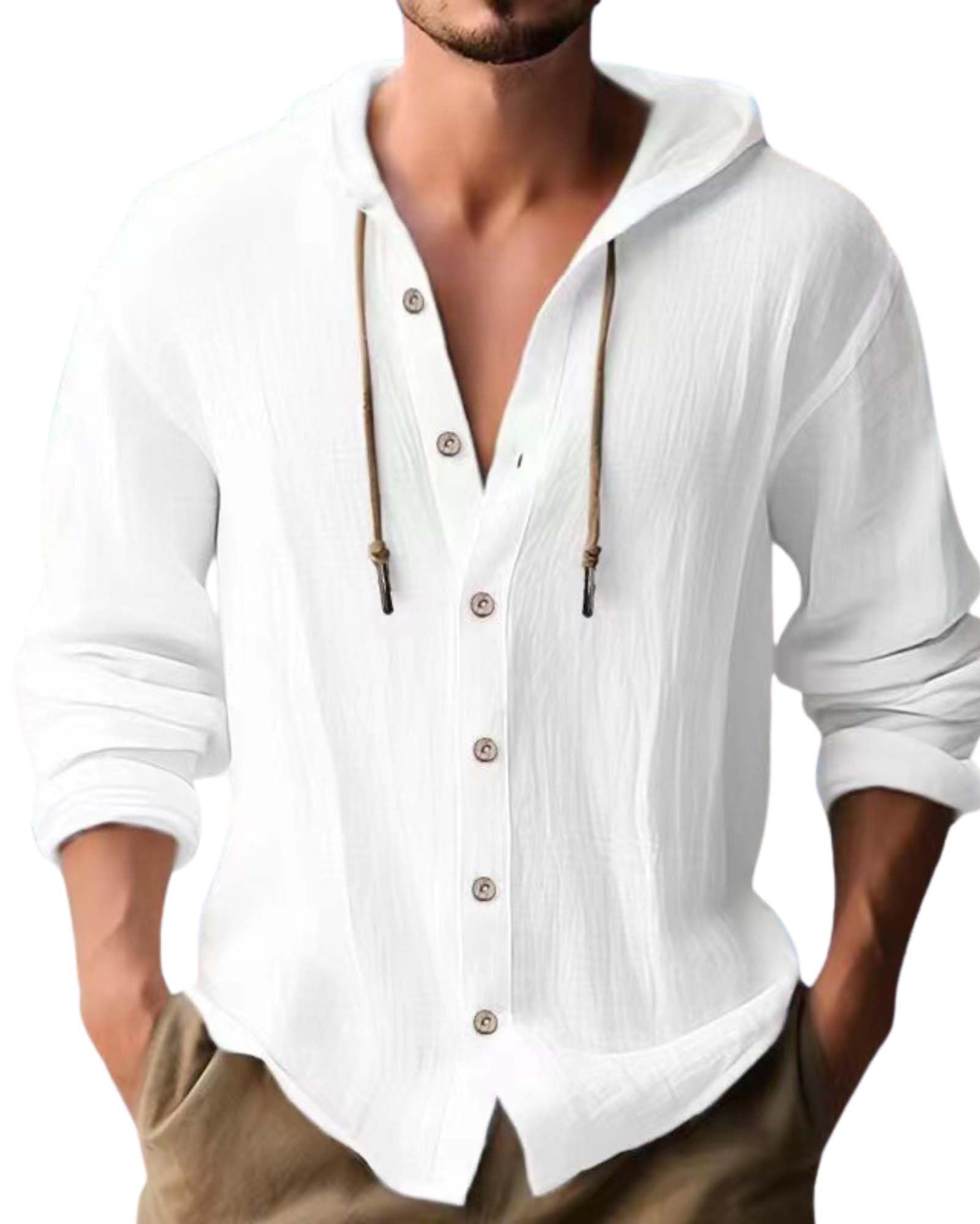 Cotton Linen Hoodie for Mens Summer Casual Long Sleeve Solid Button Down Hawaiian Beach Shirt Tops with Hood