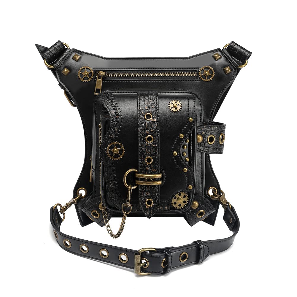 Steampunk Waist Bag Fanny Pack Thigh Holster Purse Gothic Leather Shoulder Crossbody Hiking Chain Messenger Bag