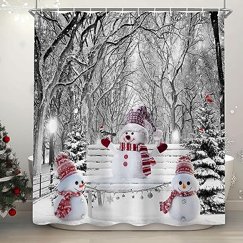 Winter Christmas Shower Curtain Set, Cute Snowman Cardinals Xmas Pine Tree Winter Snow Forest Scene Shower Curtain for Bathroom Decor, Farmhouse Holiday Gray Fabric Bath Accessory with Hooks, 72