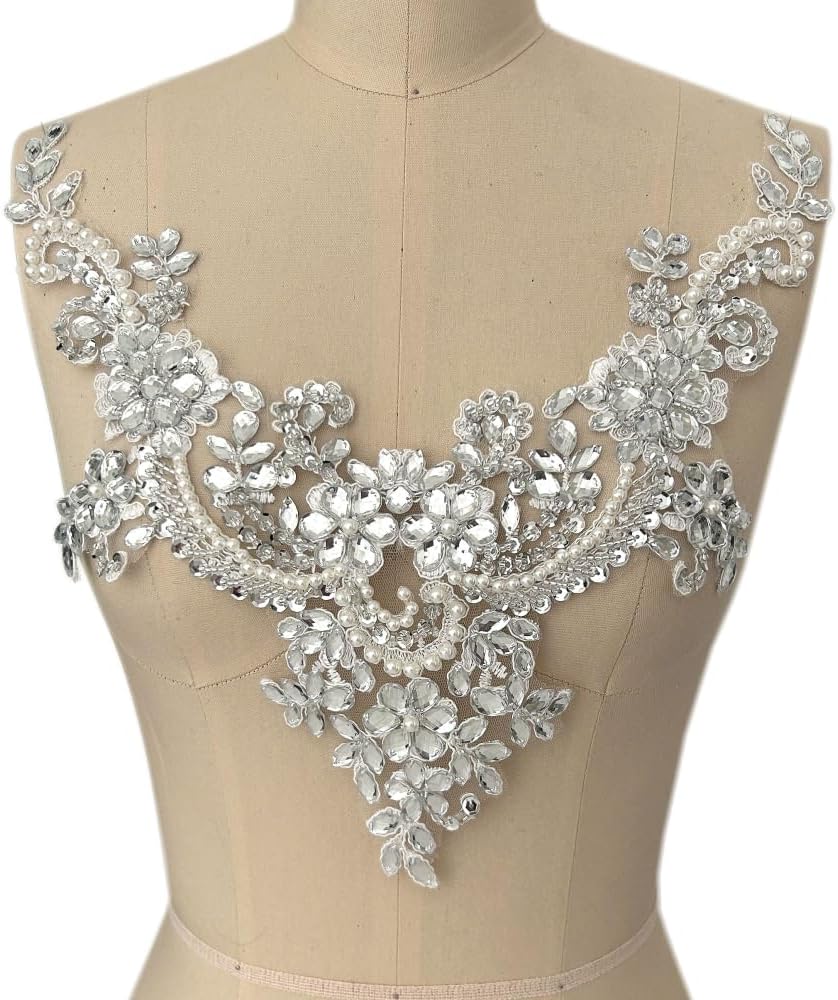 Lace Flower Beads Pearl Patches,Sew on Rhinestones Appliques for Dress Clothing Neckline (White) 32x41cm