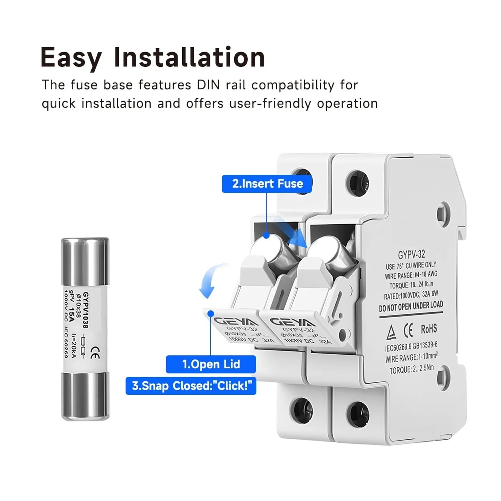 Portafusibles CC 1P 2P, 1038mm, Alto Voltaje for Fusibles De Cadena Fotovoltaica, Base De 1000V, Protector De Protección Del Sistema Fotovoltaico(DC 1000V 10A)