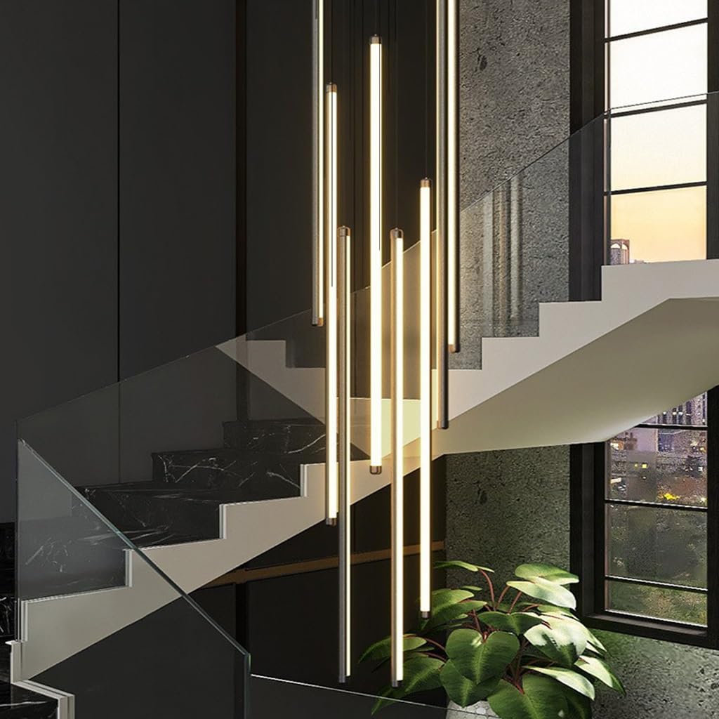 DOCJX LED Staircase Pendant Light Modern Rotating Long Chandeliers 12 Heads Dimmable Aluminum Hanging Ceiling Lighting Fixture Adjustable Villa Hollow Ceiling Light For Living Room Hotal Hallway(Warm,