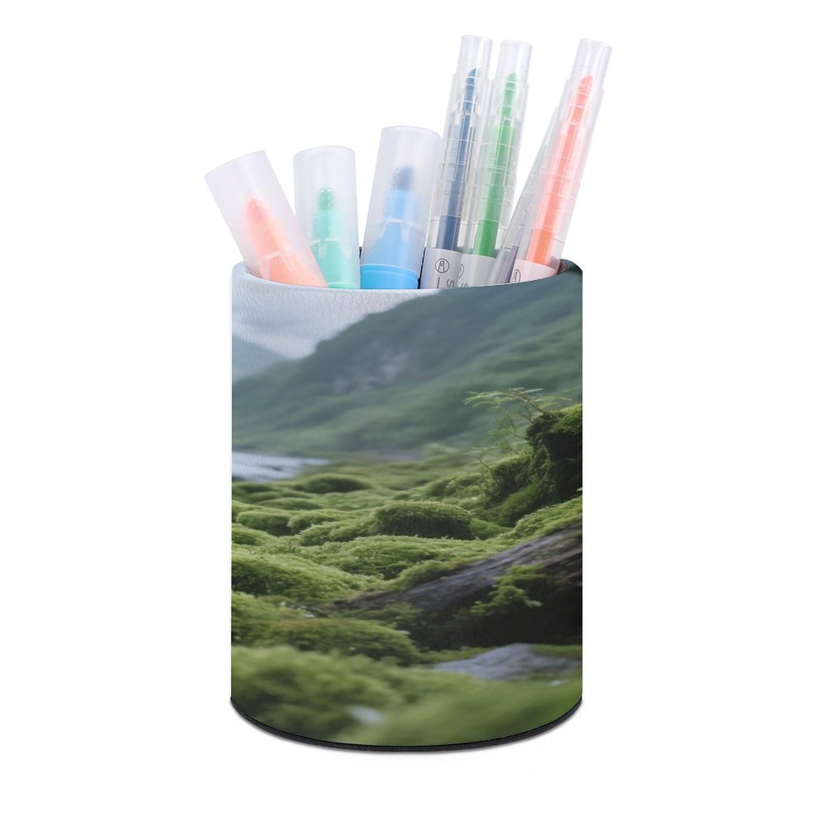 VstaDank Densely Growing Plants Pen Holder Round Pencil Holder Cup Pen Container PU Leather Desk Organizer Stand Decor Brush Scissor Holders Decoration Office Desk Home (3.1 X 3.9 Inches)
