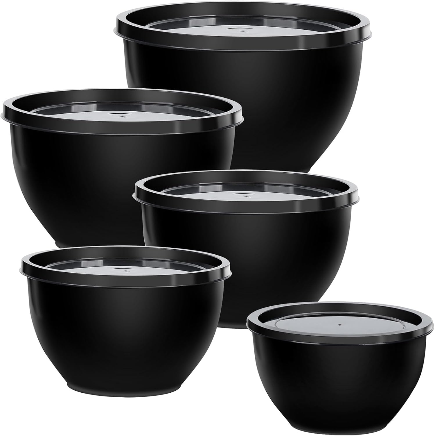 Plastic Mixing Bowls Set with Lids, Nesting Bowls for Prepping, Serving, Cooking & Baking, Large Mixing Salad Bowl for Kitchen Storage, Dishwasher & Microwave Safe, Set of 5 (Black)