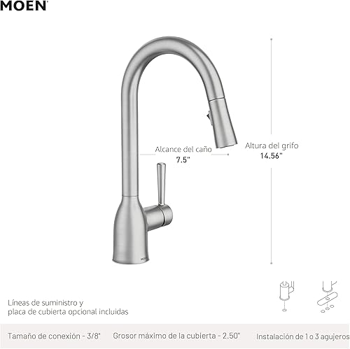 Miniatura 5 de Moen Adler - Llave de cocina de arco alto con una sola manija, resistente a manchas de acero inoxidable con limpieza eléctrica, 87233SRS