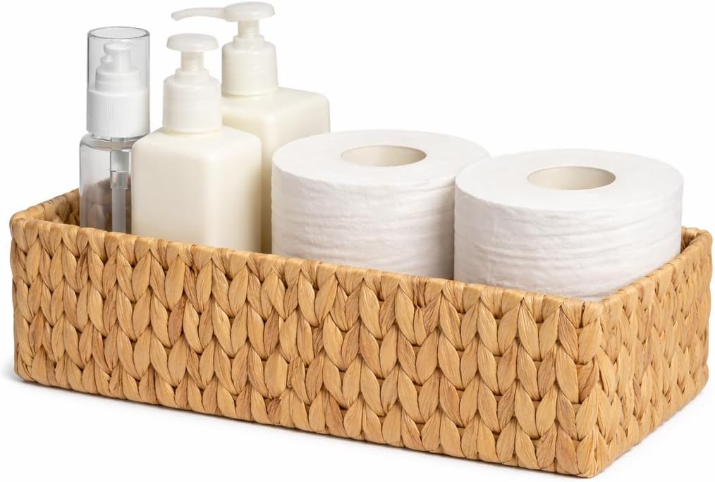 Seagrass Toilet Paper Storage Basket for Bathroom, Handwoven Natural Rattan Organizer for Countertop, Shelves & Vanity, Small Wicker Basket, 14.9"L x 6.3"W x 4.7"H