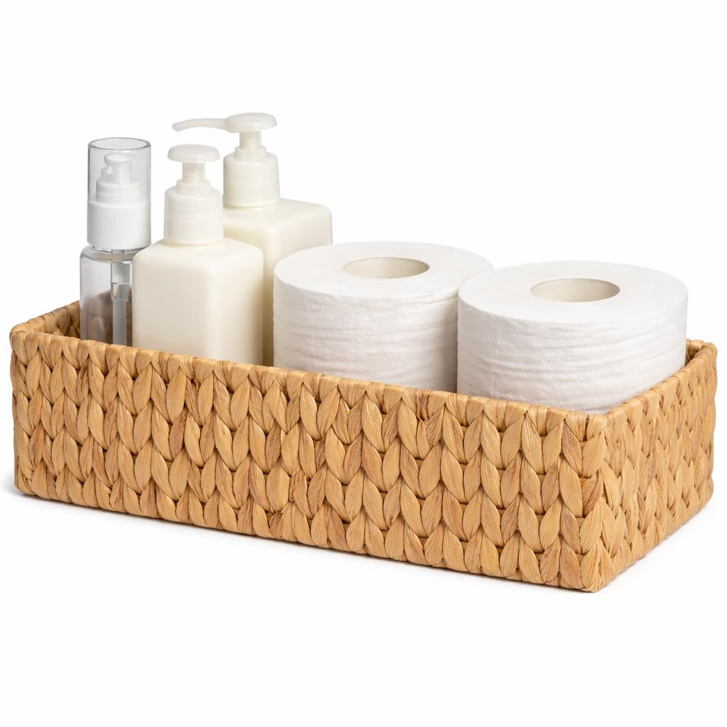 SUPTINWEAR Handwoven Water Hyacinth Bathroom Organizer Baskets Set of 2, Decorative Storage Bins for Toilet Tank, Vanity Counter, Shelf Organization, Farmhouse Boho Decor
