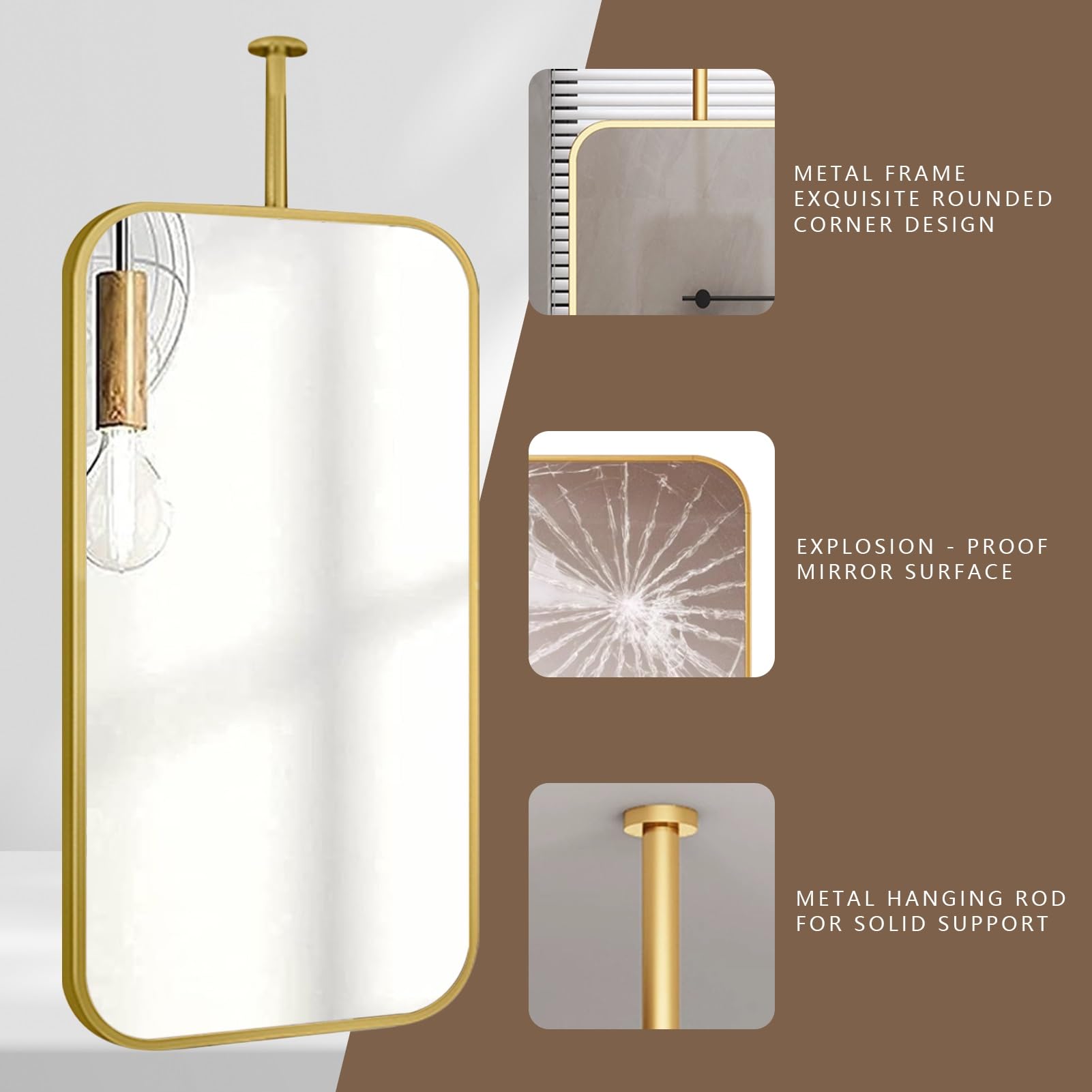 Lustro sufitowe z drążkiem do zawieszania, wiszące lusterko do makijażu i golenia, do łazienki w domu lub hotelu – kompletne wyposażenie (rozmiar: 50 cm x 70 cm)