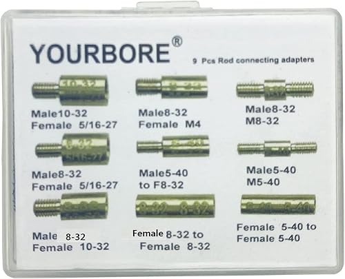 Miniatura 2 de Adaptadores de montaje de varilla de limpieza de pistola 9 piezas Pack 5-40 8-32 10-32 516-27 M4 Hilos en macho o hembra