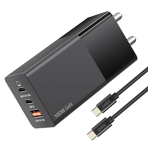 Artis 100 Watt GaN Laptop Adapter with 5 Ampere,1 Meter E-Mark Cable Included. PD+PPS 2xUSB-C Ports & QC USB-A Technology Power Adapter. Universal Compatibility for Laptops, Tablets & Smartphones.