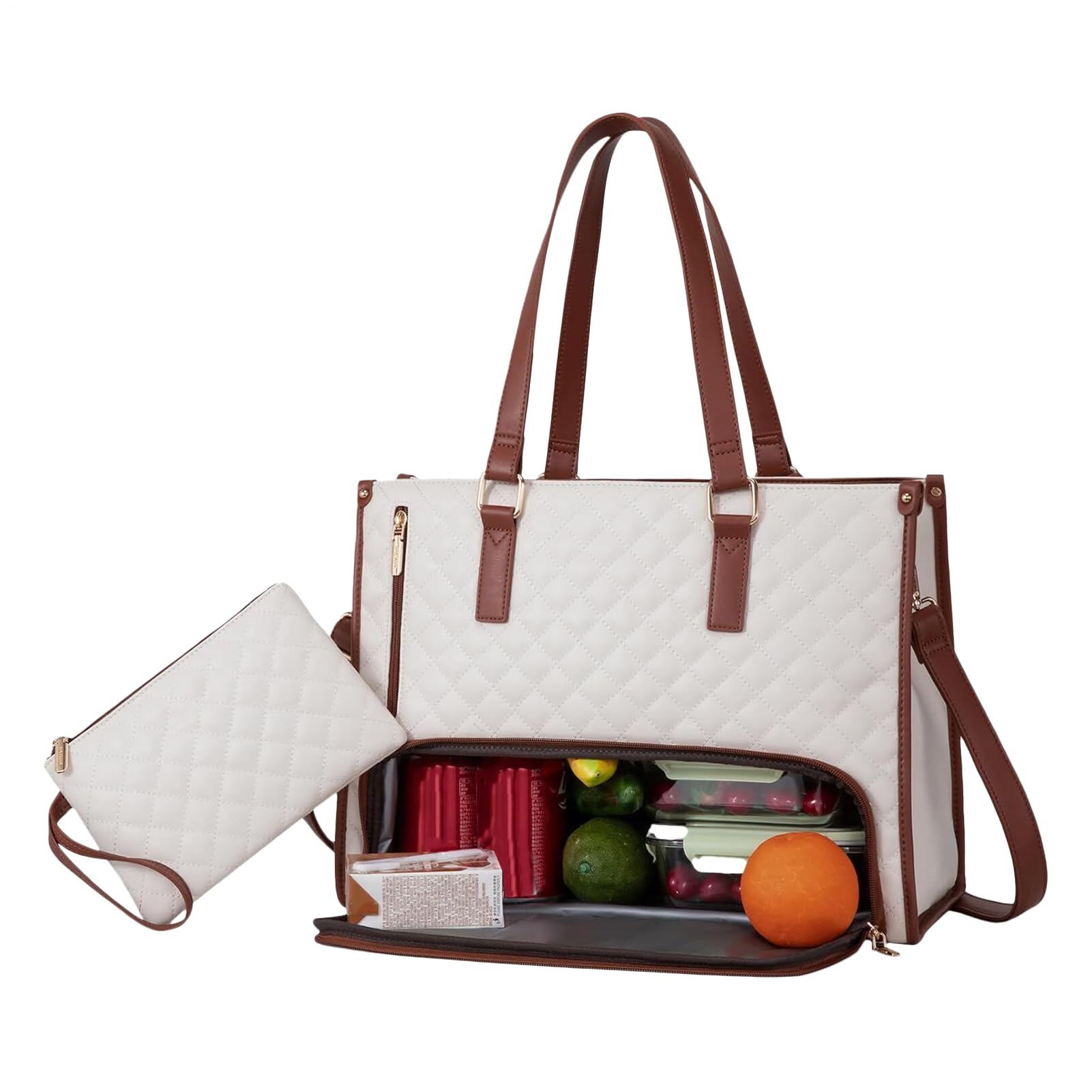 Sac pour ordinateur portable pour femme avec compartiment à déjeuner isotherme, sac à main pour ordinateur portable 15,6", grand sac de travail, sac de travail, sac à bandoulière en cuir, sac à