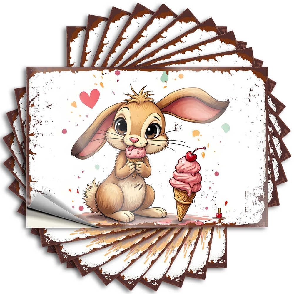 Fzfn Men's Colour Decal Cave Decor Peel And Stick - Adorable Bunny Enjoying Pink Ice Cream Cone With Cherry Topper Garage Crazy Waterproof Vinyl For Thankful(6X9cm)