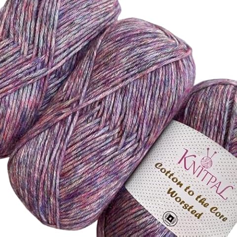 Knitpal Cotton to The Core Worsted Weight Cotton Yarn for Crocheting, 65% Cotton and 35% Acrylic - Soft Cotton Acrylic Blend Yarn for Knitting-#4 Medium Weight Yarn-3 Skeins,654yds/300g-Grape Purple Cover