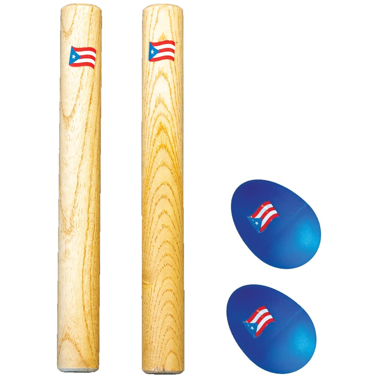 Hand Percussion Musical Instrument Set Puerto Rico Flag - Include 1 Pair 8 Inch Rhythm Sticks Wood Claves