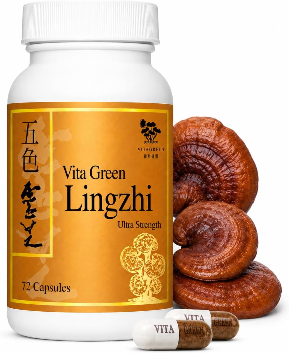 Vita Green Lingzhi Mushroom Supplement (五色靈芝) – Pure Reishi with Natural Antioxidants for Wellness, Energy, and Immune Support for Men & Women – 72 Capsules