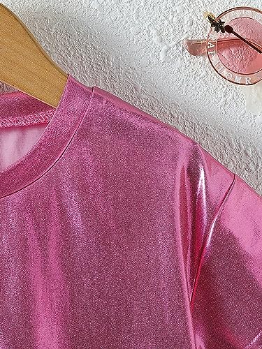 Verdusa Girl's Metallic Crop Tee Top Short Sleeve Round Neck Neon Shirts Party Costume Concert Outfits3