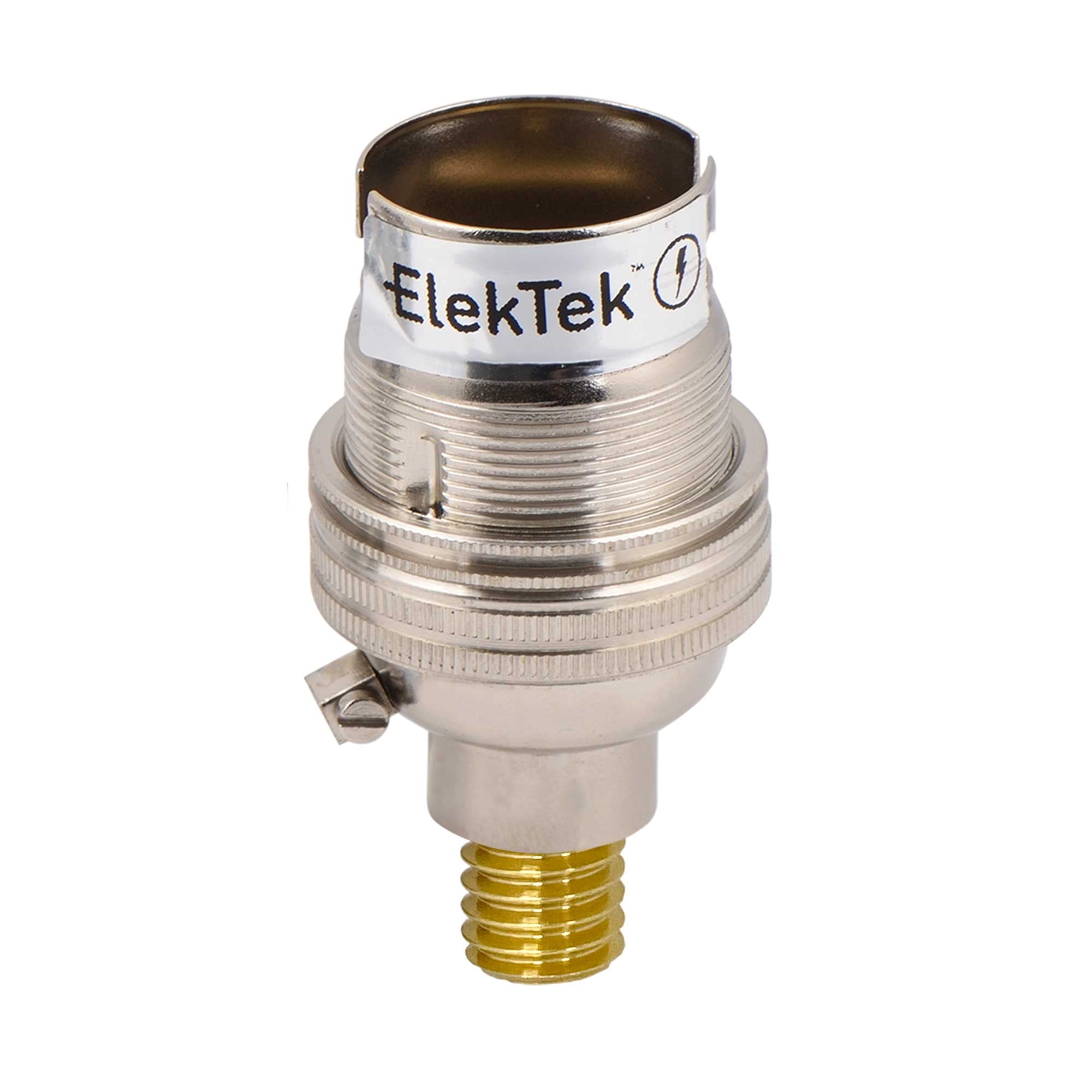 Elektek Nickel (Silver) Unswitched Lamp Holder Nickel B22 Bc Bayonet Cap & Shade Ring With Cnc Solid Brass 7/16Th Screw-In Wood Mount - Made In Uk