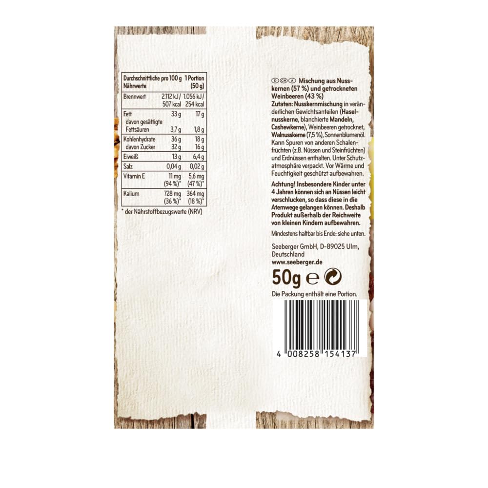 Seeberger Studentenfutter 12er Pack: Klassische Nuss-Frucht-Mischung aus Haselnusskernen, Mandeln, Walnüssen & Cashewkernen, mit Rosinen - reich an Vitamin E, vegan (12 x 50 g)