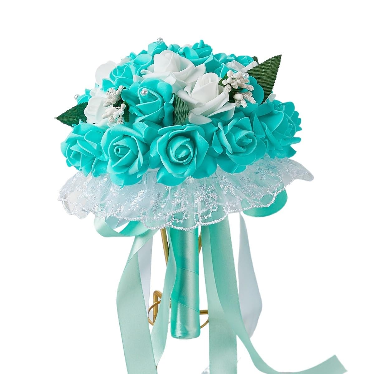 Huffa Blue Artificial Wedding Bouquet For Bride And Bridesmaids - Lace And Bow Ribbon Design(Blue)