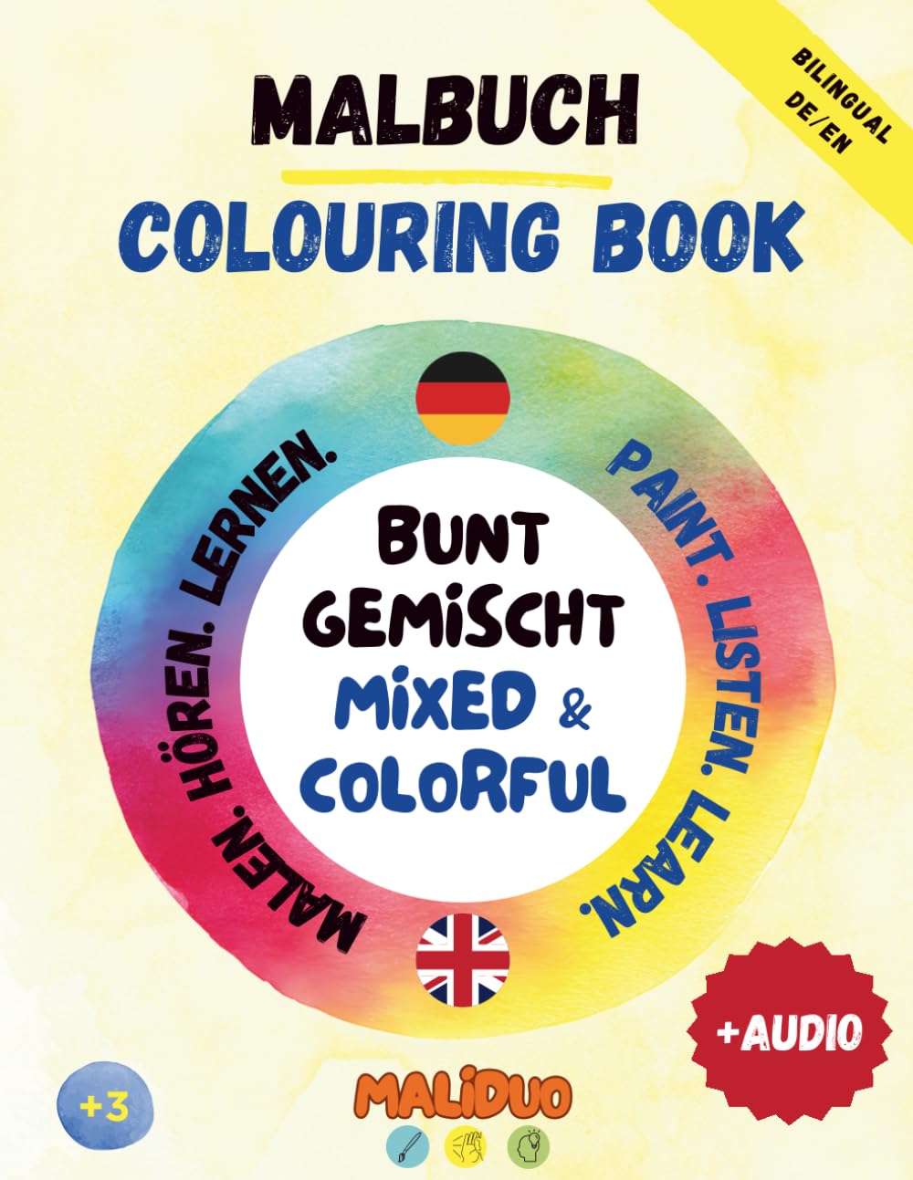 MaliDuo® Colouring Book German–English [With audio via QR code!] – Bilingual colouring book for children aged 2 and up – 100 sentences to colour and listen to with a colourful mix of topics