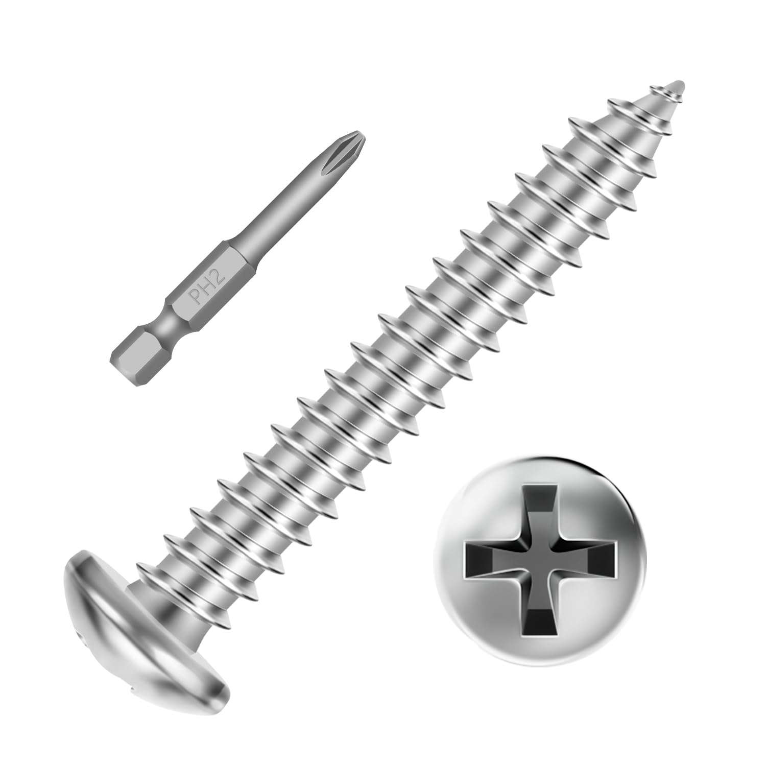 #12 x 1-1/4" (100 PCS) Pan Head Sheet Metal Screws, Round Head Self Tapping Screw, Phillips Drive Wood Screw, Stainless Steel 304, Bright Finish