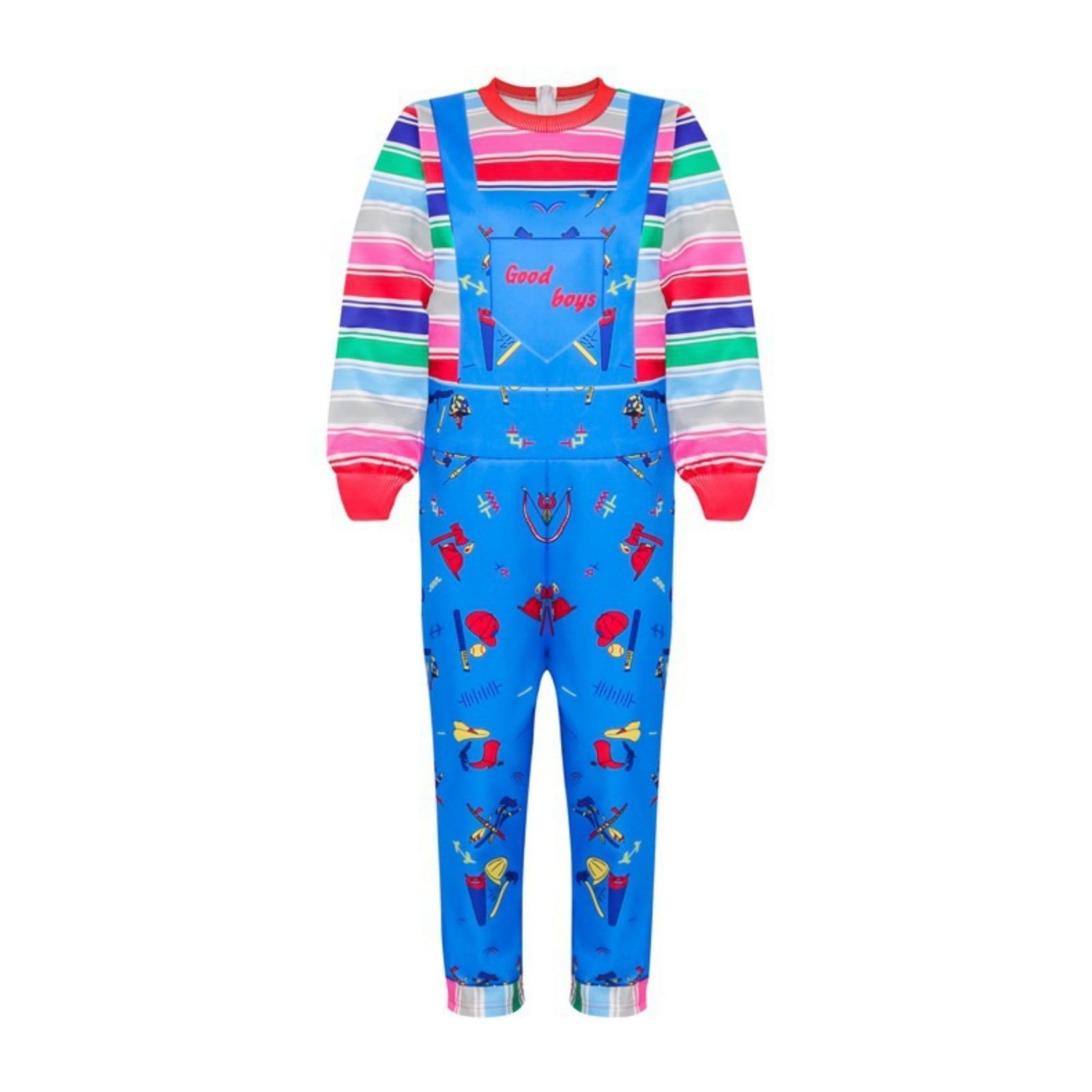 nezababy Chucky Costume Kids Chuckie Jumpsuit Rainbow Striped Top with Scary Killer Cosplay Overalls Halloween Dress up(S/120) - Image 3