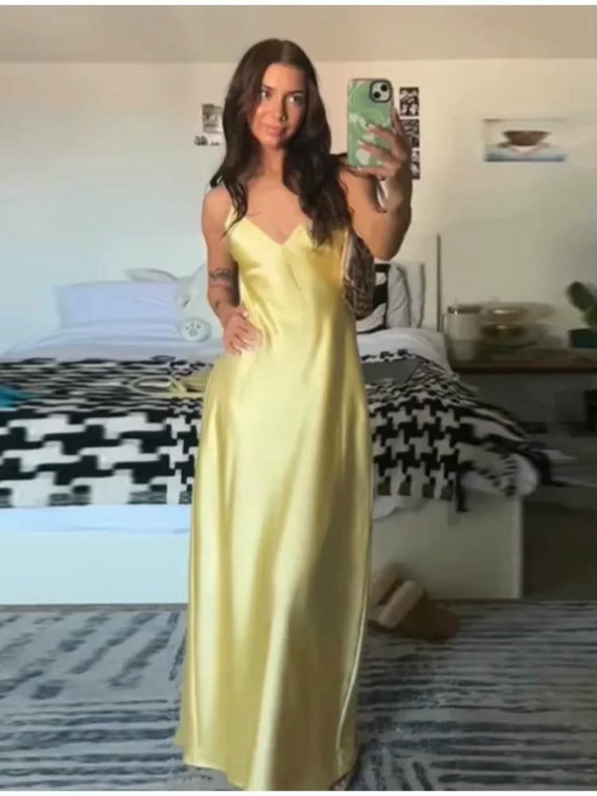 Abito Donna Estivo da con Scollo A V Giallo V, Lungo Elegante Senza Maniche Ampio per Feste, Vacanze E Abbigliamento Casual-Giallo-XS
