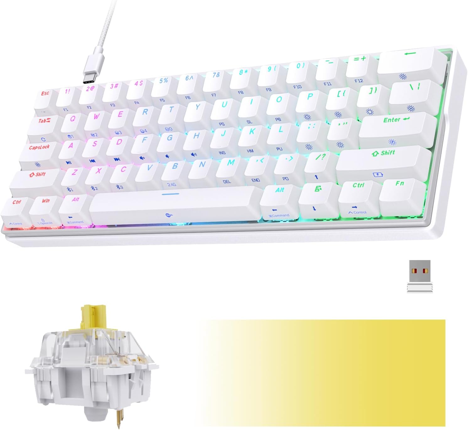 KEMOVE Snowfox DK61 60% Wireless Mechanical Gaming Keyboard, 2.4G/Type-C/Bluetooth Keyboard, Hot Swappable RGB Backlit 61 Keys, Anti Ghosting/N-Key Rollover 3000mAH Battery, Yellow Switch/White Linear Yellow Switch White