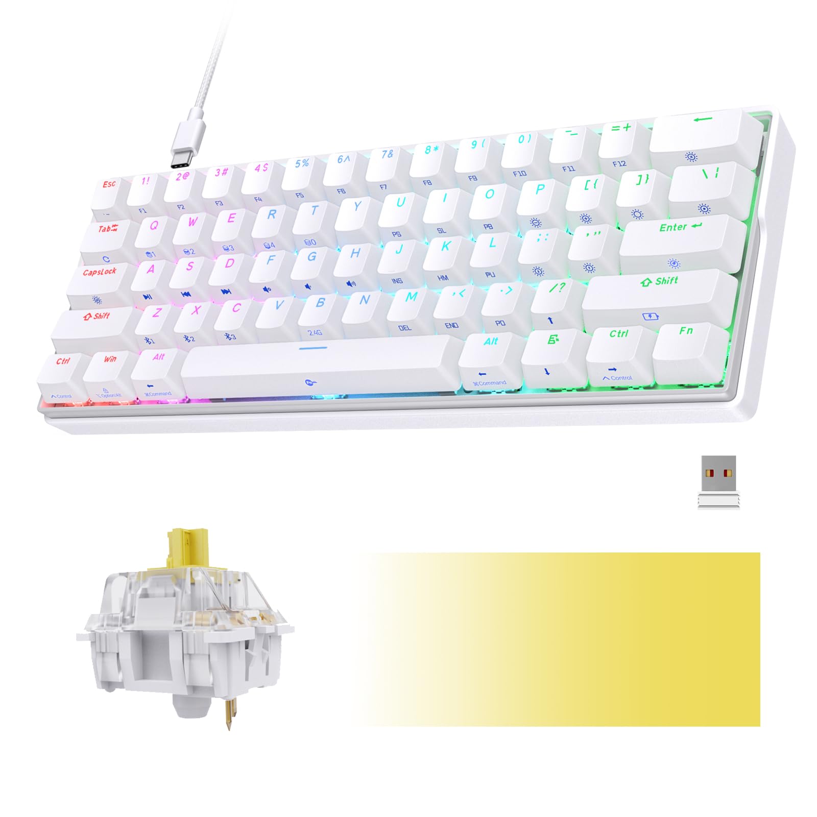 KEMOVESnowfox DK61 60% Wireless Mechanical Gaming Keyboard, 2.4G/Type-C/Bluetooth Keyboard, Hot Swappable RGB Backlit 61 Keys, Anti Ghosting/N-Key Rollover 3000mAH Battery, Yellow Switch/White