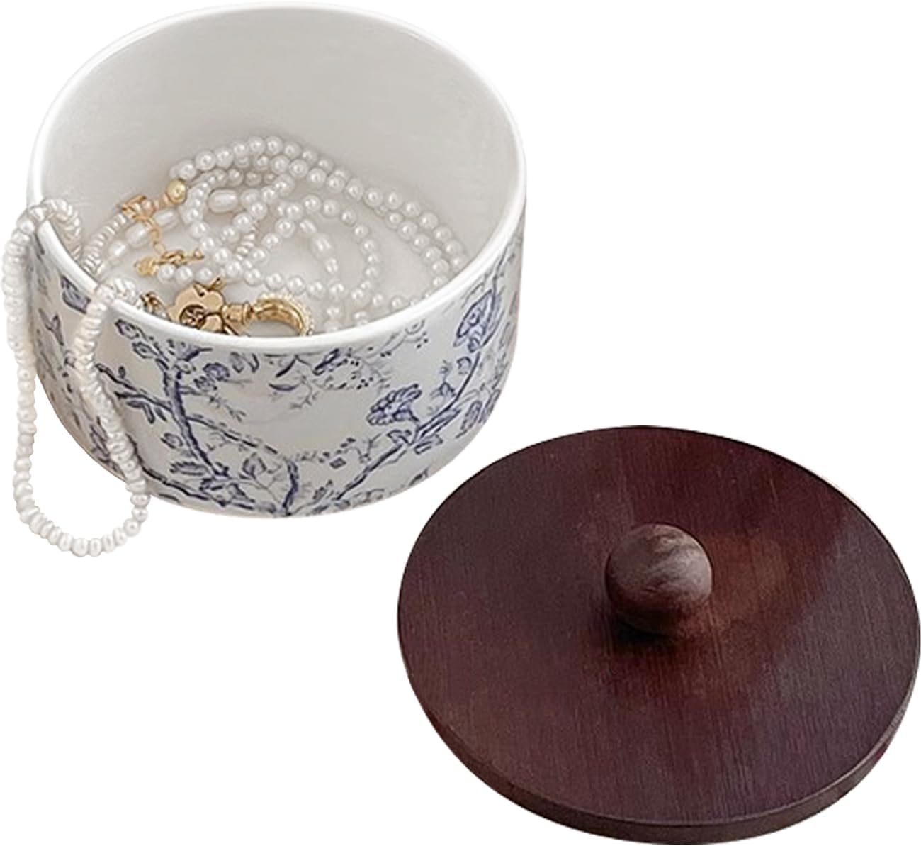 Porcelain Jewelry Box with Lid Wood Blue and White Aesthetic Vintage Floral Ceramic Round Jewelry Box Decorative for Rings Earrings Necklace Bracelet Keys Trinket (Large)