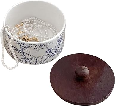 Porcelain Jewelry Box with Lid Wood Blue and White Aesthetic Vintage Floral Ceramic Round Jewelry Box Decorative for Rings Earrings Necklace Bracelet Keys Trinket Large