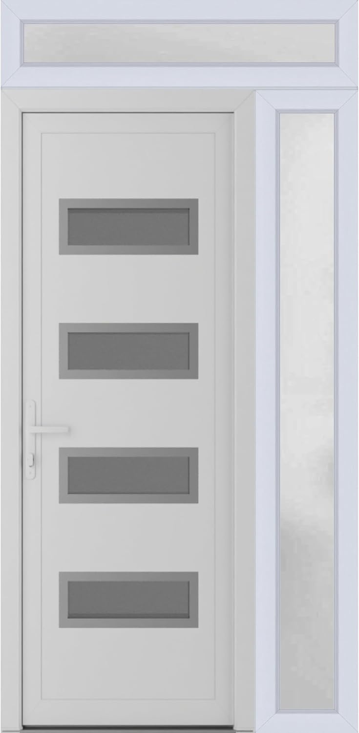 VDOMDOORS Front Exterior Prehung Metal-Plastic Door Frosted Glass | Manux 8113 White Silk | Side, Top Sidelite Transom | Residential Doors Entrance Patio Garage 44 x 94 (W32+12 x H80+14) Right-Inswing