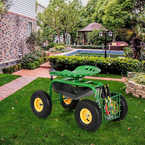 Goplus Garden Cart Rolling Work Seat Outdoor Lawn Yard Patio Wagon Scooter for Planting, Adjustable 360 Degree Swivel Seat w/Tool Tray, Basket (Green) Goplus Garden Cart Rolling Work Seat Outdoor Lawn Yard Patio Wagon Scooter for Planting, Adjustable 360 Degree Swivel Seat w/Tool Tray, Basket (Green)